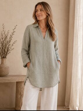 Artisan NY 100% Linen Tunic Top Sage Green Pockets Relaxed Boho Minimalist Med